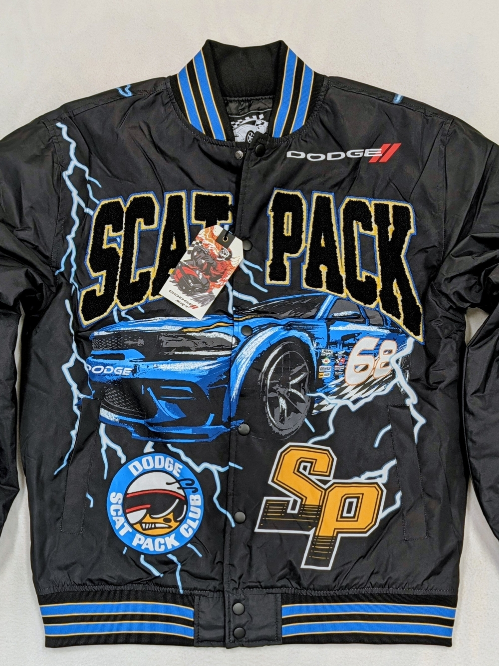 Dodge Scat Pack Racing Jacket Snap Front Patches & Graphics Black Blue Yellow